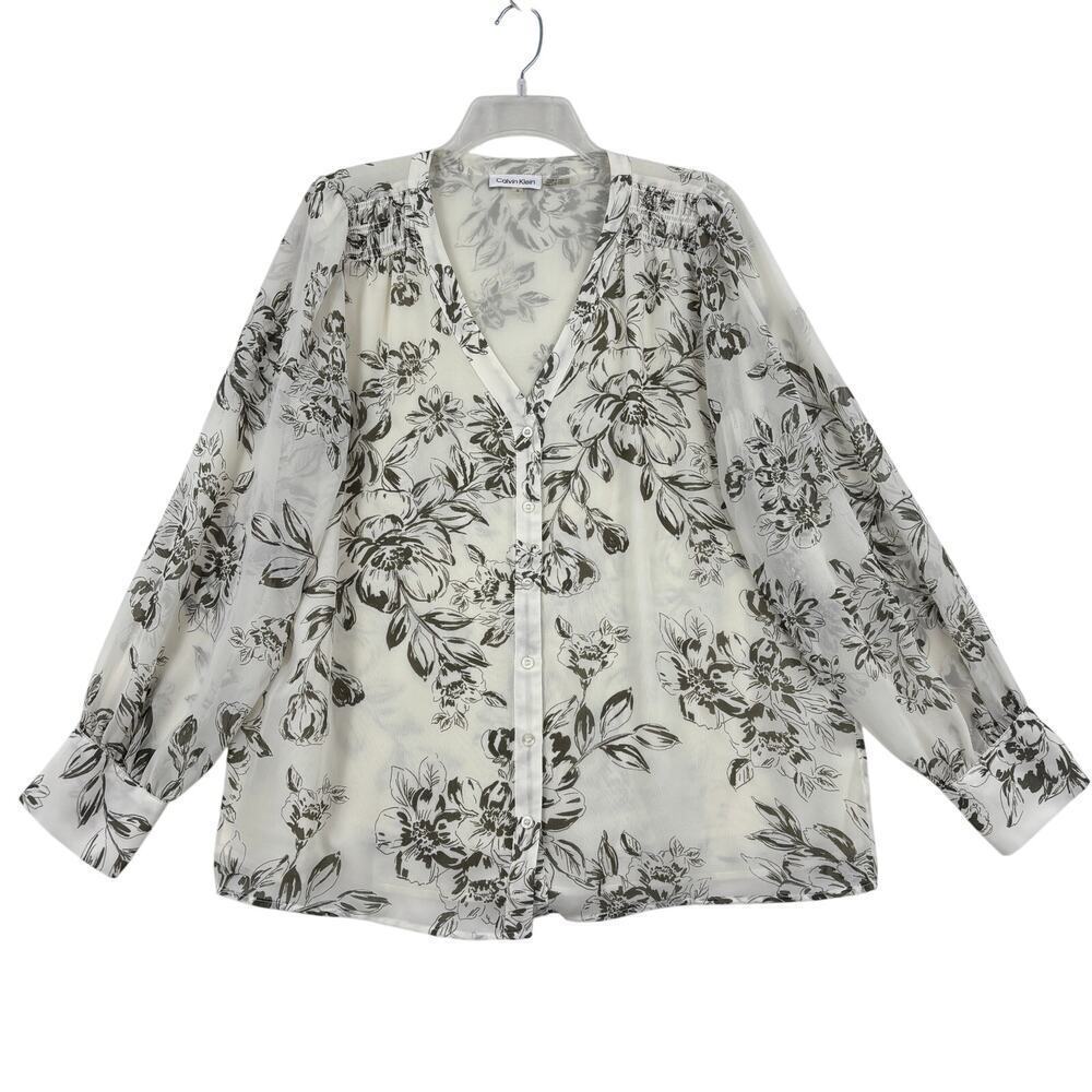 Calvin Klein Blouse Size L Floral Cream Olive Button Up Semi Sheer Lined Flowy